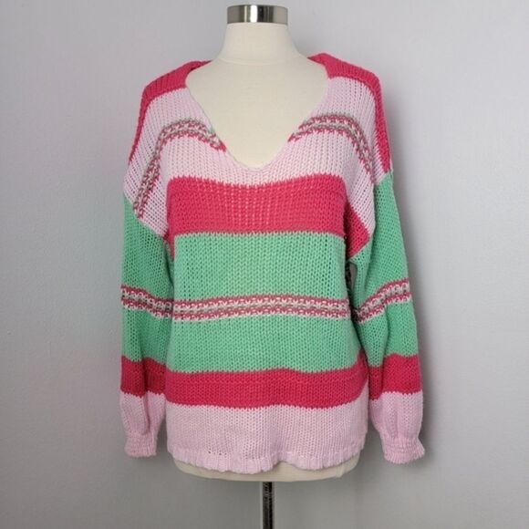 Altar'd State Colorblock Striped Crochet V- Neck Sweater Size Small Relaxed Fit - Picture 3 of 13